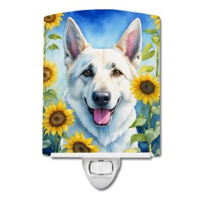 NEW White German Shepherd in Sunflowers Ceramic Night Light Compact, UL-Certified, Ideal for Bedroom, Bathroom, Nursery, Hallway, Kitchen, 6x4x3