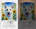 NEW White German Shepherd in Sunflowers Ceramic Night Light Compact, UL-Certified, Ideal for Bedroom, Bathroom, Nursery, Hallway, Kitchen, 6x4x3
